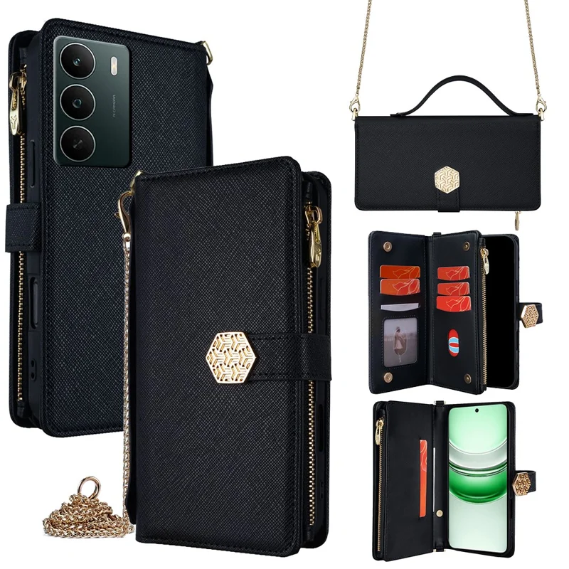 Cover per Realme C71 4G con Texture Incrociata in Pelle PU + TPU Portafoglio con Cinturino - Nero