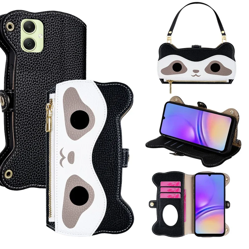 Für Samsung Galaxy A05 4G Hülle Süßes Waschbären-Design PU-Leder Handyhülle mit Handschlaufe - Schwarz