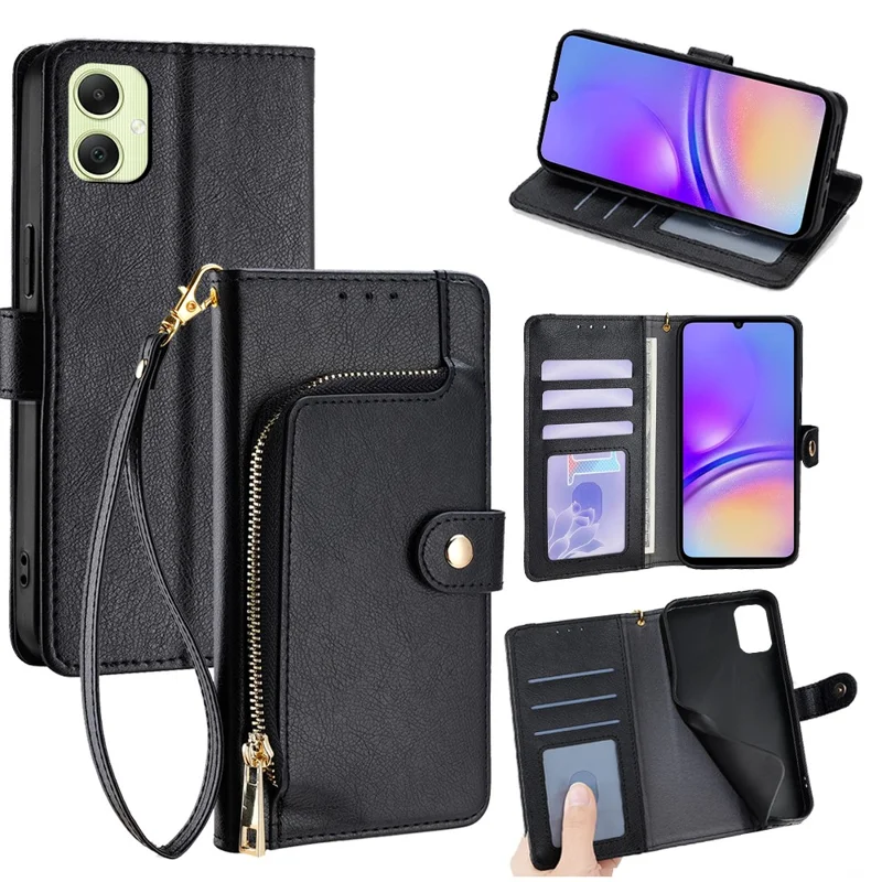 For Samsung Galaxy A05 4G Case Zipper Pocket PU Leather Wallet Flip Phone Cover with Wrist Strap - Black