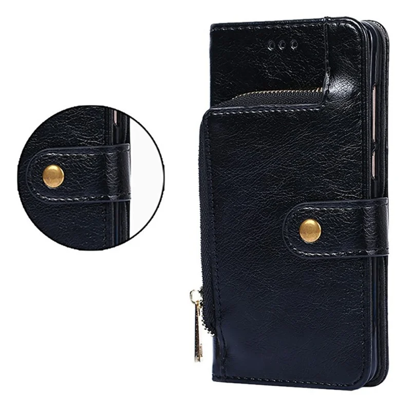 For Samsung Galaxy A05 4G Case Zipper Pocket PU Leather Wallet Flip Phone Cover with Wrist Strap - Black