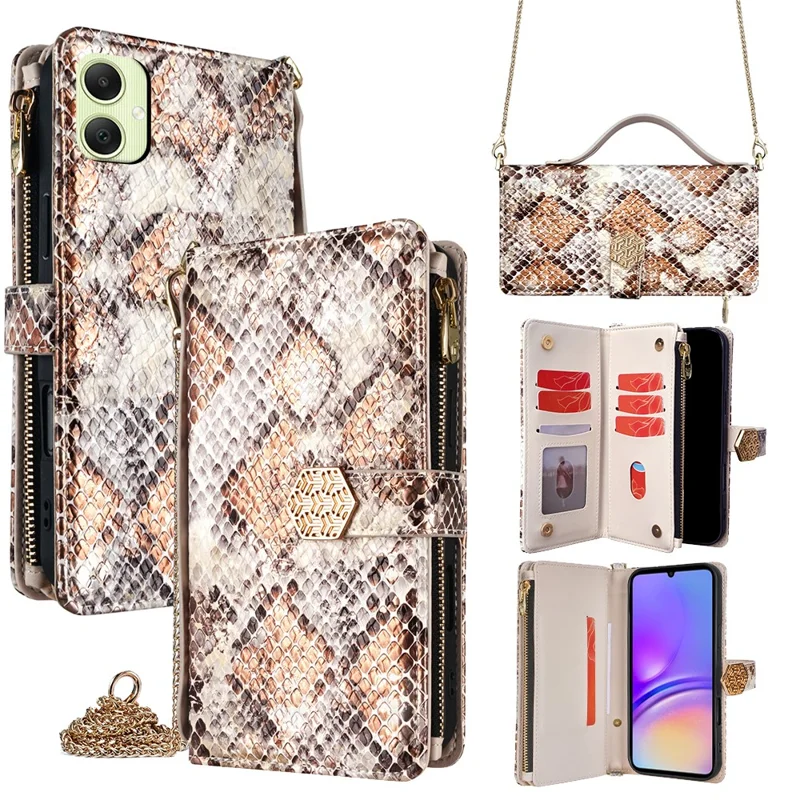 For Samsung Galaxy A05 4G Case Snake Skin Texture PU Leather Phone Wallet Cover with Shoulder Strap - White