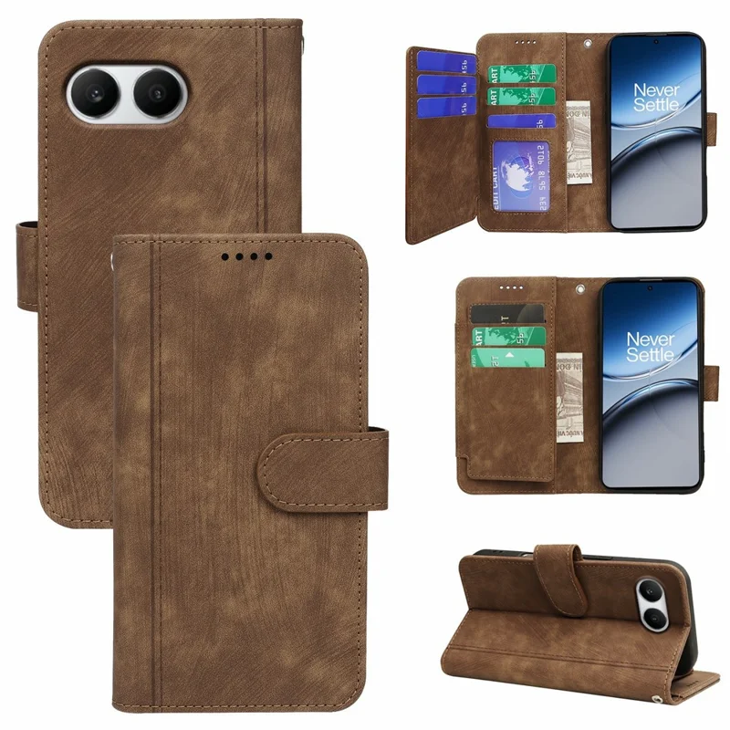 For OnePlus Nord 4 Leather Case Line Pattern Wallet Phone Cover with 9 Card Slots - Brown