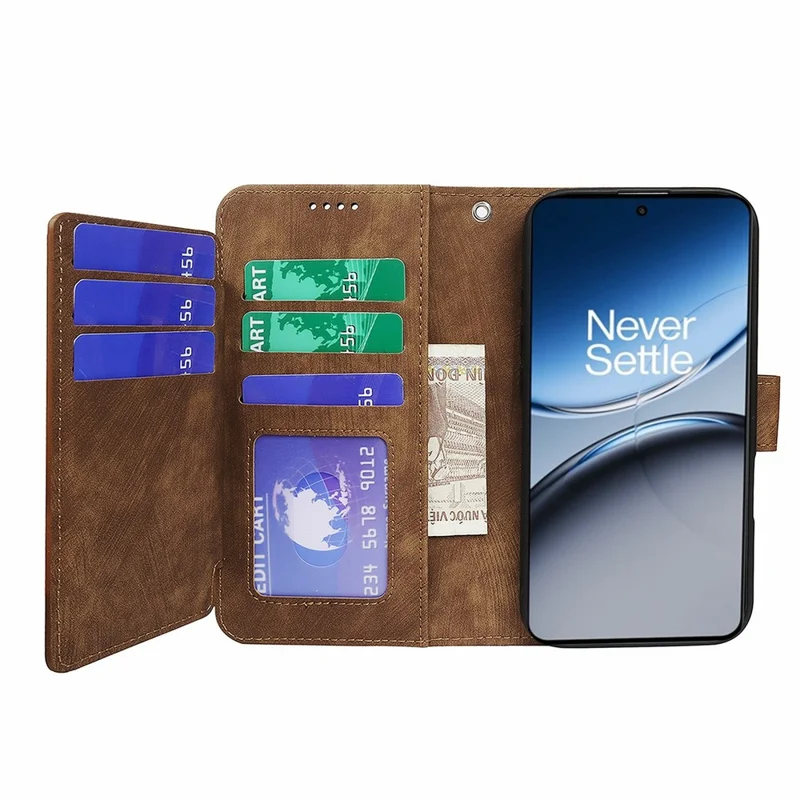 For OnePlus Nord 4 Leather Case Line Pattern Wallet Phone Cover with 9 Card Slots - Brown