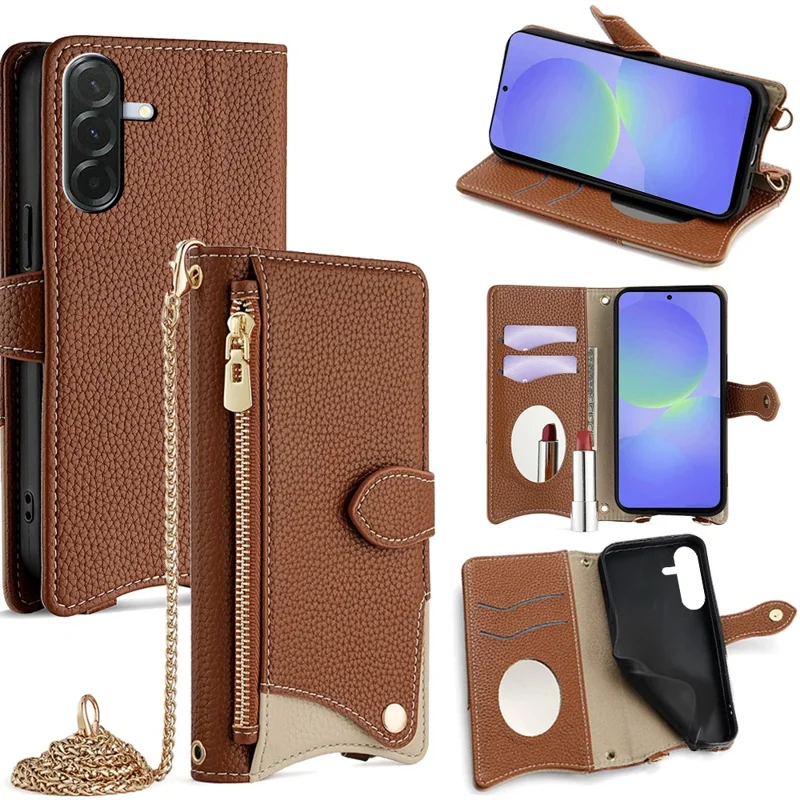 For Samsung Galaxy A36 5G Leather Case Wallet Stand Cover Irregular Tail Style with Chain Strap - Brown