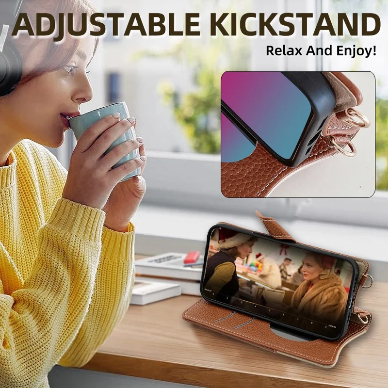 For Samsung Galaxy A36 5G Leather Case Wallet Stand Cover Irregular Tail Style with Chain Strap - Brown