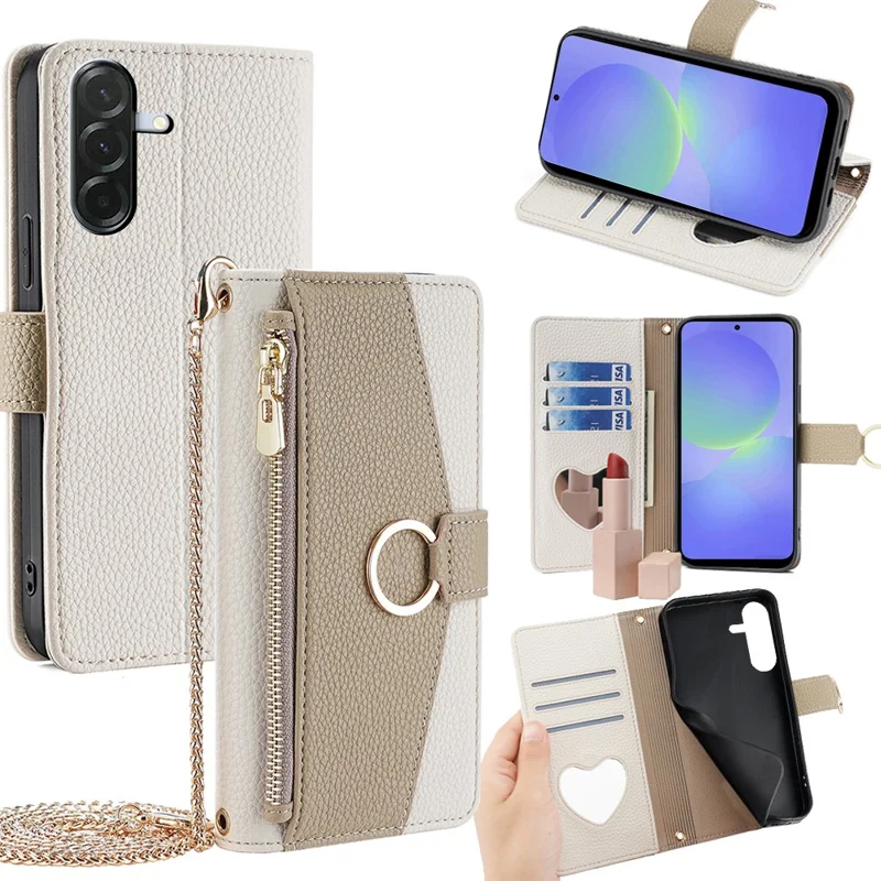 Cover a portafoglio con specchio per Samsung Galaxy A36 5G con catena e cinturino a tracolla - Bianco