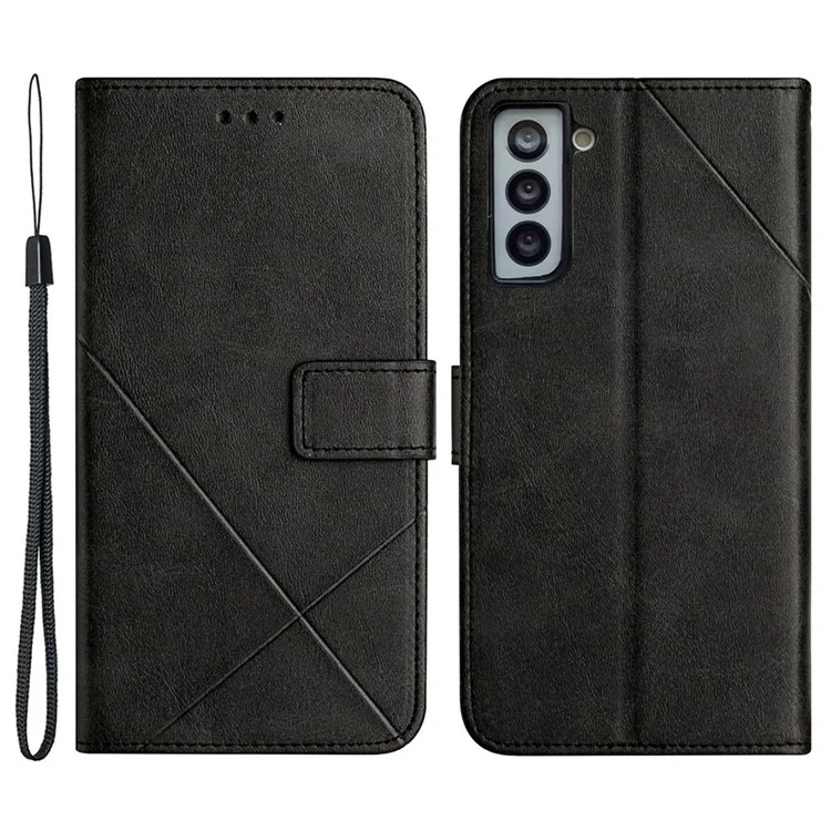 Für Samsung Galaxy S23+ Drop-proof Line Imprinting Phone Case Solid Color PU Leather Magnetic Clasp Wallet Stand Flip Cover with Strap - Schwarz