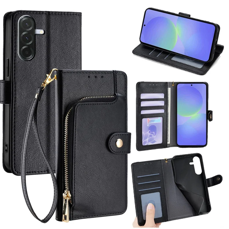 Étui pour Samsung Galaxy A36 5G avec Pochette à Fermeture Éclair en Cuir PU, Portefeuille Rabattable avec Dragonne - Noir
