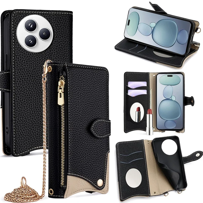 For Xiaomi Civi 5 Pro 5G Leather Case Wallet Stand Cover Irregular Tail Style with Chain Strap - Black
