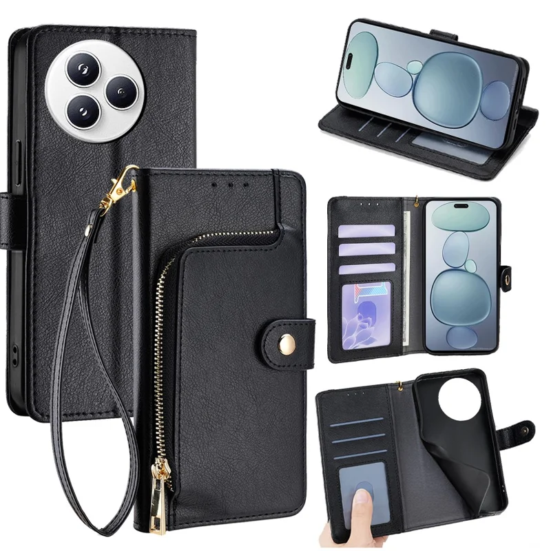 Funda tipo cartera con cremallera de cuero PU para Xiaomi Civi 5 Pro 5G con correa de muñeca - Negro