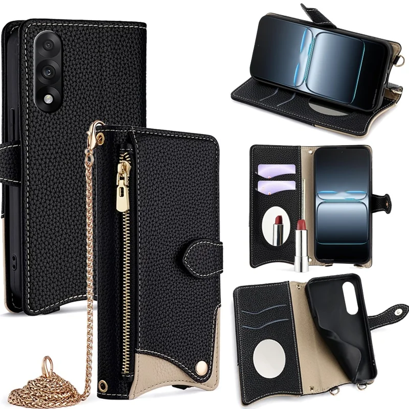 For OnePlus Ace 5 Ultra 5G Leather Case Wallet Stand Cover Irregular Tail Style with Chain Strap - Black