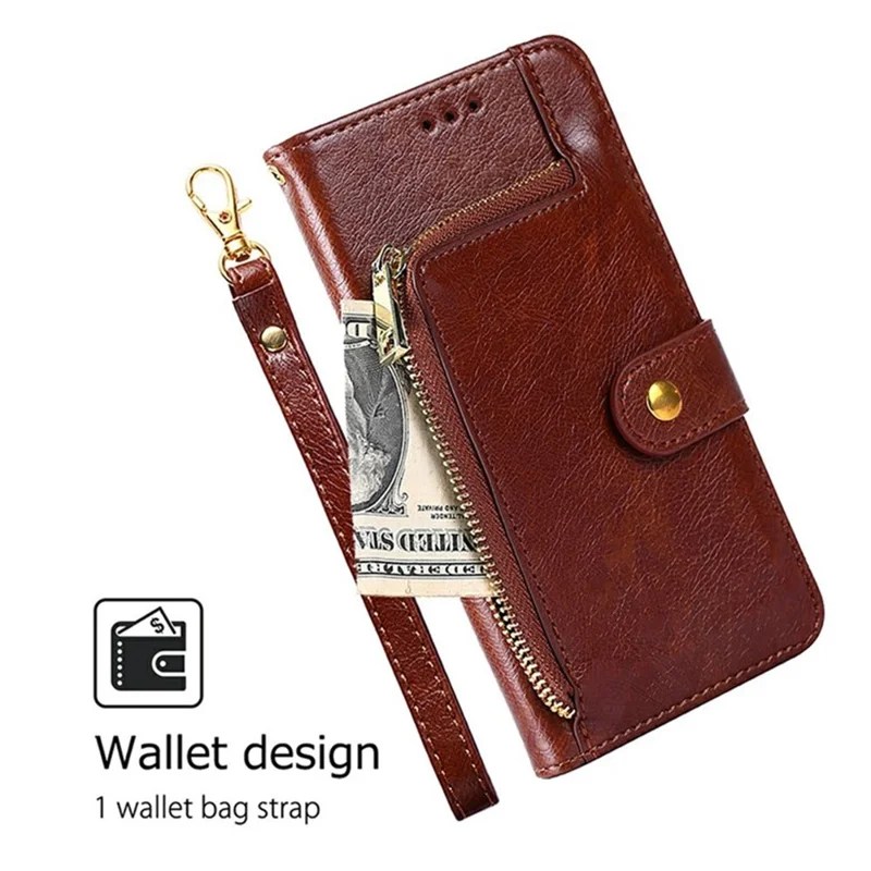 For OnePlus Ace 5 Ultra 5G Case Zipper Pocket PU Leather Wallet Flip Phone Cover with Wrist Strap - Brown