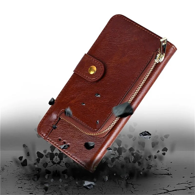 For OnePlus Ace 5 Ultra 5G Case Zipper Pocket PU Leather Wallet Flip Phone Cover with Wrist Strap - Brown