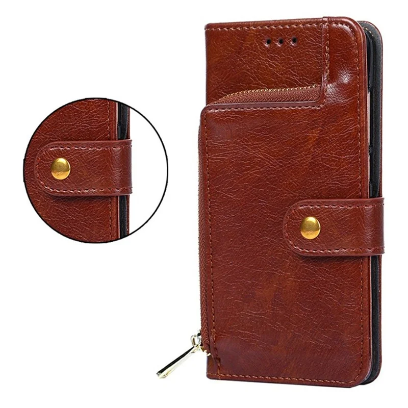 For OnePlus Ace 5 Ultra 5G Case Zipper Pocket PU Leather Wallet Flip Phone Cover with Wrist Strap - Brown