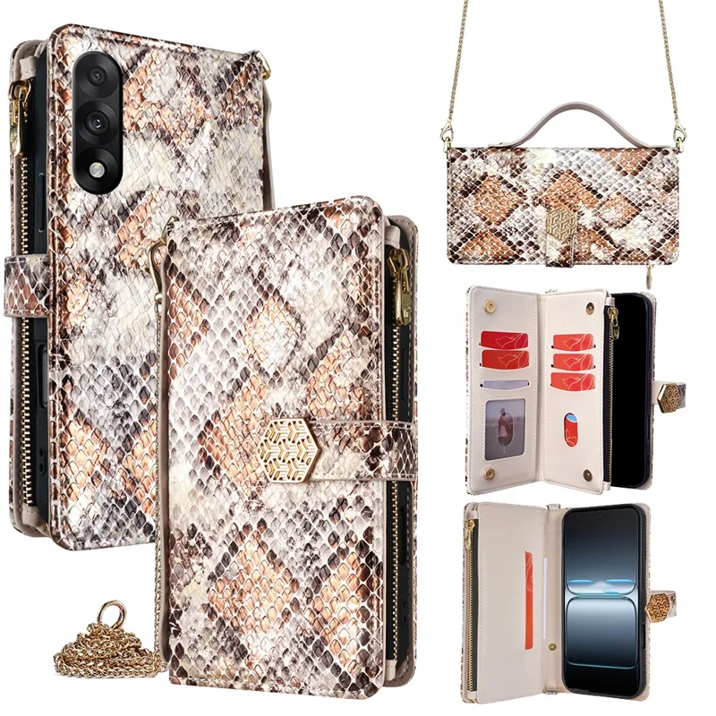 For OnePlus Nord 5 5G / Ace 5 Ultra 5G Case Snake Skin Texture PU Leather Phone Wallet Cover with Shoulder Strap - White