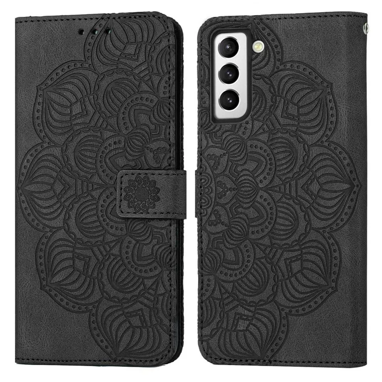 Per Samsung Galaxy S23+ Mandala Flower Imprinted Folio Flip Phone Case PU Leather Stand Wallet Cover with Strap - Nero
