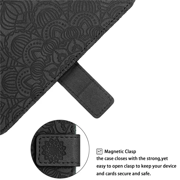 Per Samsung Galaxy S23+ Mandala Flower Imprinted Folio Flip Phone Case PU Leather Stand Wallet Cover with Strap - Nero