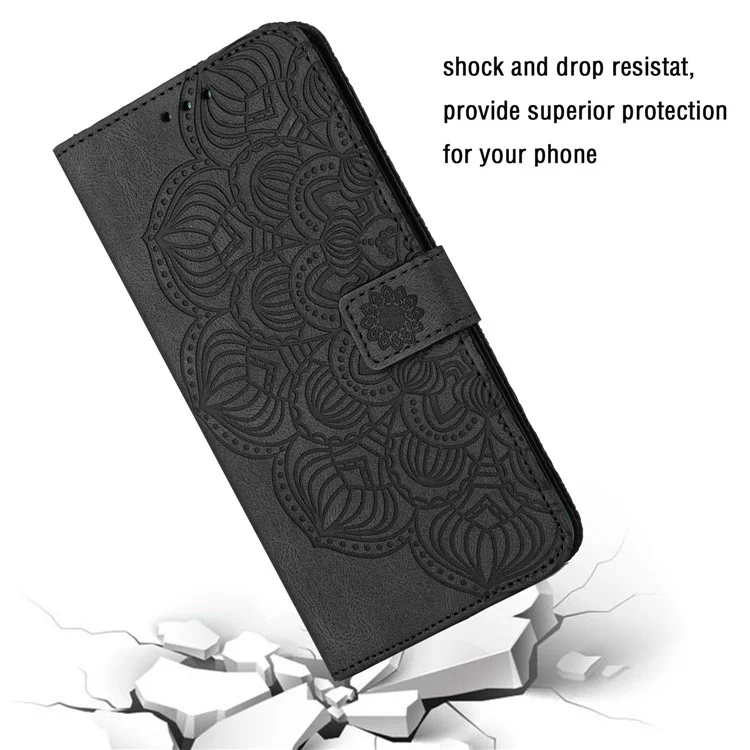 Per Samsung Galaxy S23+ Mandala Flower Imprinted Folio Flip Phone Case PU Leather Stand Wallet Cover with Strap - Nero