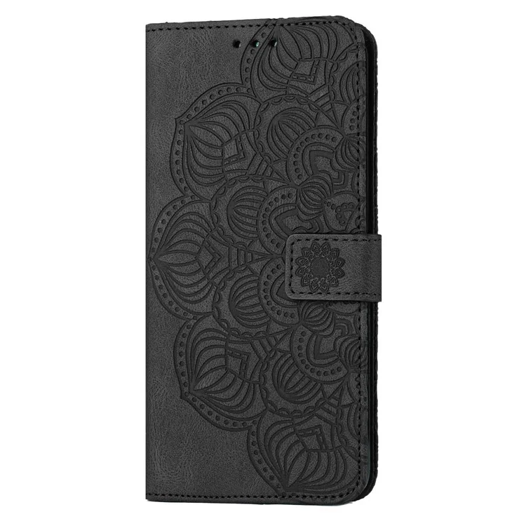 Per Samsung Galaxy S23+ Mandala Flower Imprinted Folio Flip Phone Case PU Leather Stand Wallet Cover with Strap - Nero