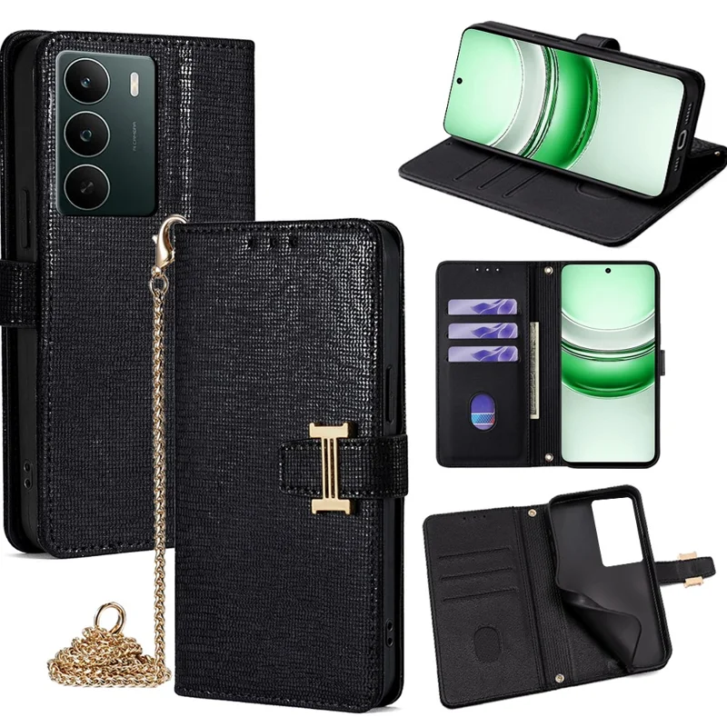 For Realme C71 4G Case Wallet Sequins Leather Crossbody Phone Cover - Black