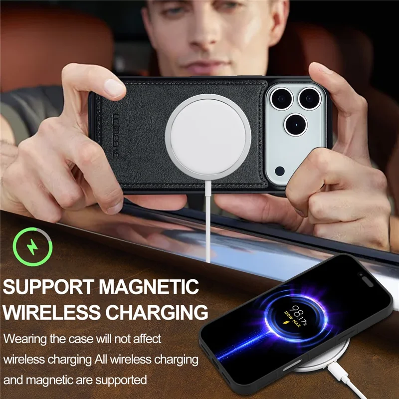 LC.IMEEKE For iPhone 17 Pro Max Magnetic Case Compatible with MagSafe Leather + TPU Back Cover - Black