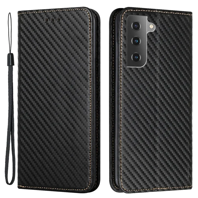 For Samsung Galaxy S23 Carbon Fiber Texture PU Leather Case Magnetic Auto-absorbed Wallet Stand Folio Flip Phone Cover - Black