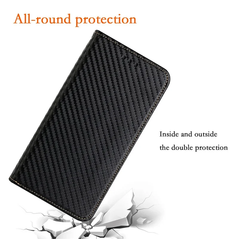 For Samsung Galaxy S23 Carbon Fiber Texture PU Leather Case Magnetic Auto-absorbed Wallet Stand Folio Flip Phone Cover - Black