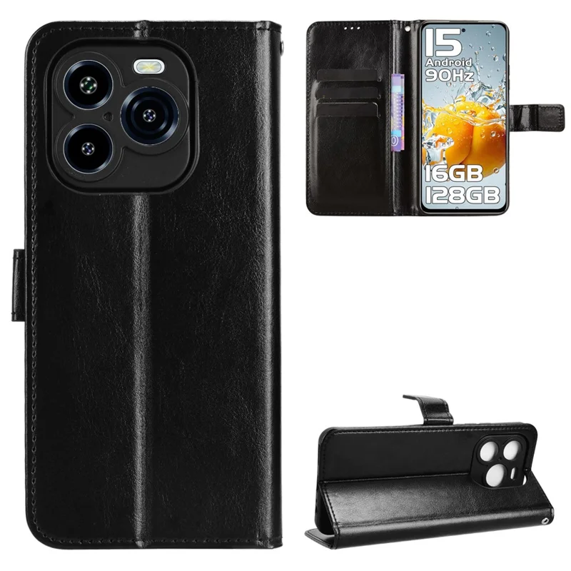 Für Oukitel C65 / C65 Pro Hülle Crazy Horse Textur PU-Leder Handy-Geldbörse mit Handschlaufe - Schwarz