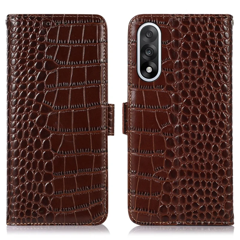 Étui portefeuille OnePlus Ace 5 Ultra 5G / Nord 5 5G avec blocage RFID, texture de crocodile, cuir de vache véritable - Marron