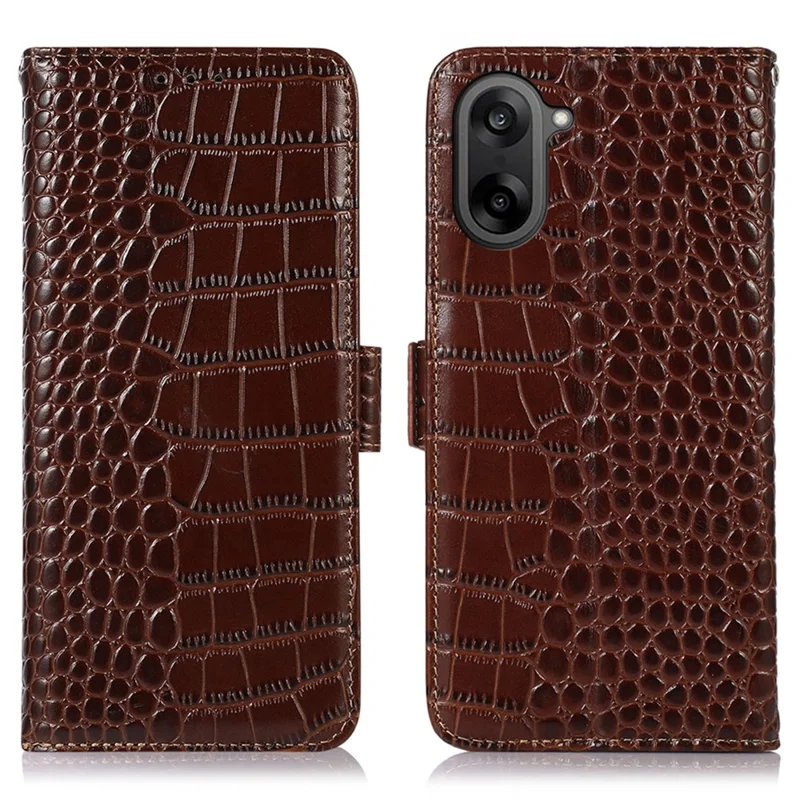 For OnePlus Nord CE 5G / Ace 5 Racing 5G Case RFID Blocking Wallet Crocodile Texture Genuine Cow Leather Phone Cover - Brown