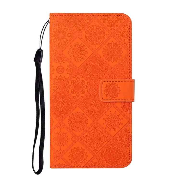 Caixa de Telefone Celular Para Samsung Galaxy S23, PU Carteira de Couro Ethnic Style Flower Stand Stand Com Cinta - Laranja