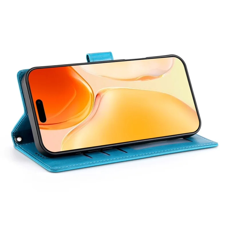 Für iPhone 17 Geldbörse Hülle Schmetterling Blumen Prägung PU Leder Handyhülle mit Handgelenkschlaufe - Blau