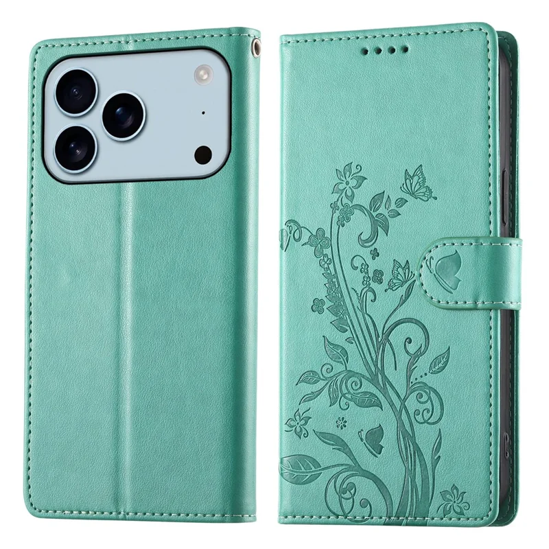 Cover a portafoglio per iPhone 17 Pro con Farfalle e Stampa Floreale in Pelle PU con Cinturino da Polso - Verde