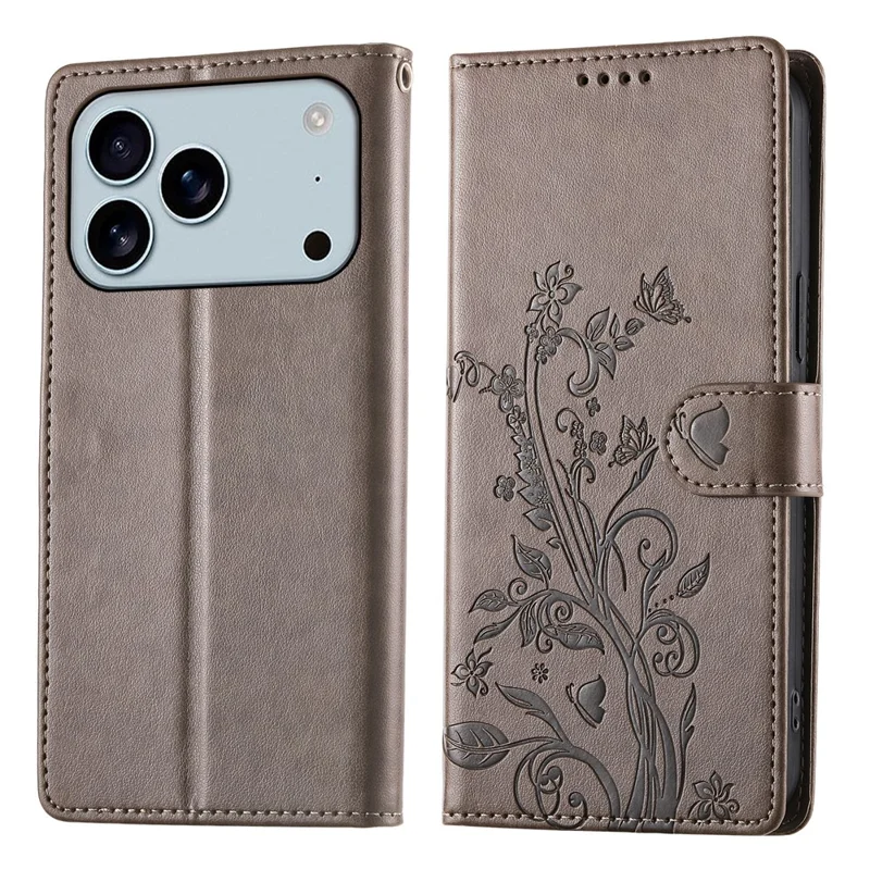 Hülle für iPhone 17 Pro Max Brieftasche mit Schmetterlings- und Blumenmuster aus Kunstleder mit Handschlaufe - Grau