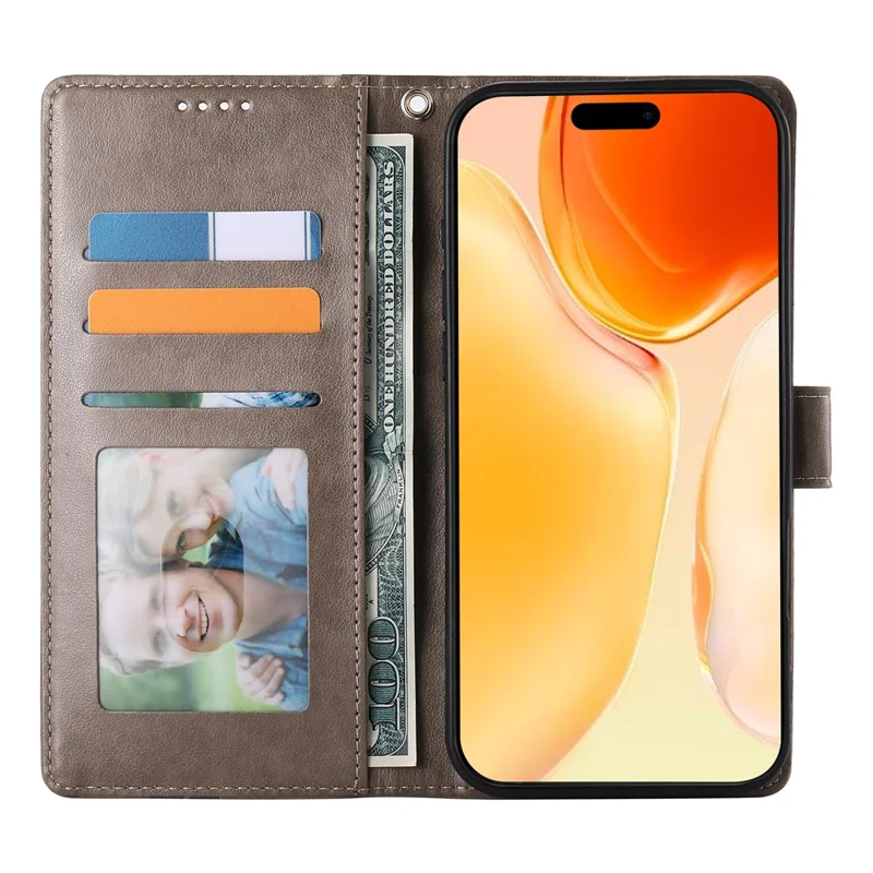 Hülle für iPhone 17 Pro Max Brieftasche mit Schmetterlings- und Blumenmuster aus Kunstleder mit Handschlaufe - Grau