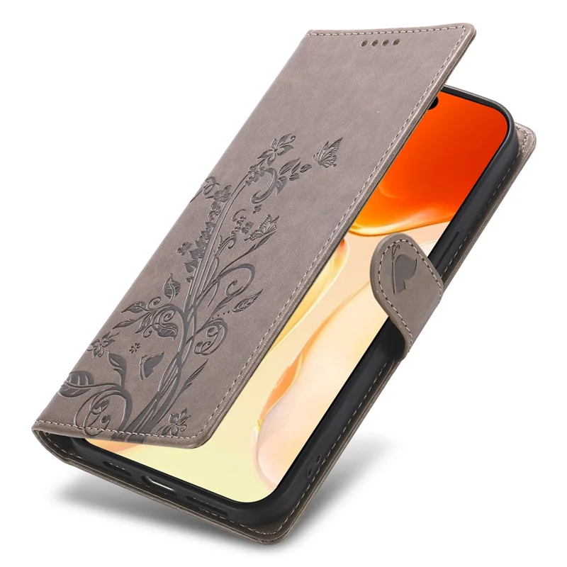 Hülle für iPhone 17 Pro Max Brieftasche mit Schmetterlings- und Blumenmuster aus Kunstleder mit Handschlaufe - Grau