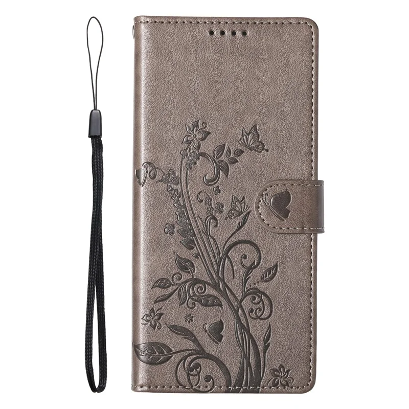 Hülle für iPhone 17 Pro Max Brieftasche mit Schmetterlings- und Blumenmuster aus Kunstleder mit Handschlaufe - Grau