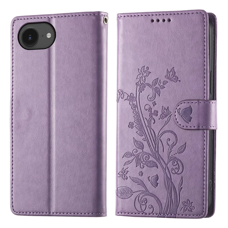 For iPhone 16e Wallet Case Butterfly Floral Imprint PU Leather Phone Cover with Wrist Strap - Purple