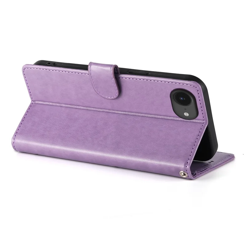 For iPhone 16e Wallet Case Butterfly Floral Imprint PU Leather Phone Cover with Wrist Strap - Purple