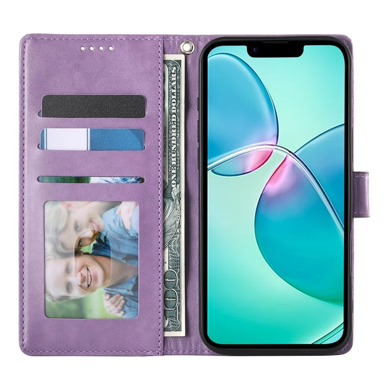 For iPhone 16e Wallet Case Butterfly Floral Imprint PU Leather Phone Cover with Wrist Strap - Purple