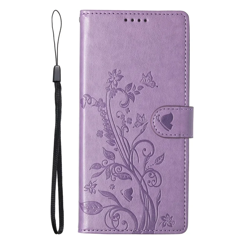 For iPhone 16e Wallet Case Butterfly Floral Imprint PU Leather Phone Cover with Wrist Strap - Purple