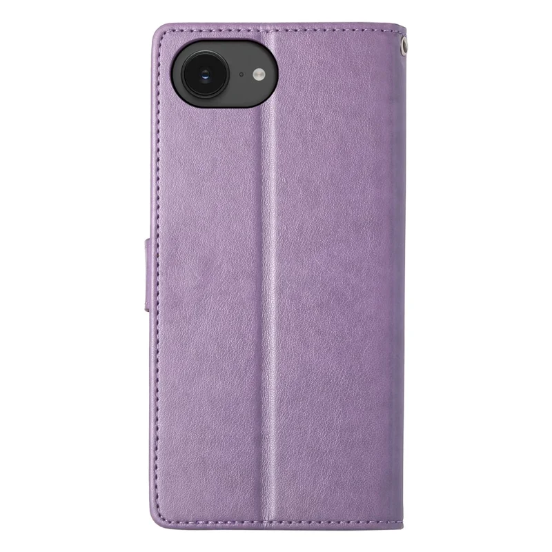 For iPhone 16e Wallet Case Butterfly Floral Imprint PU Leather Phone Cover with Wrist Strap - Purple
