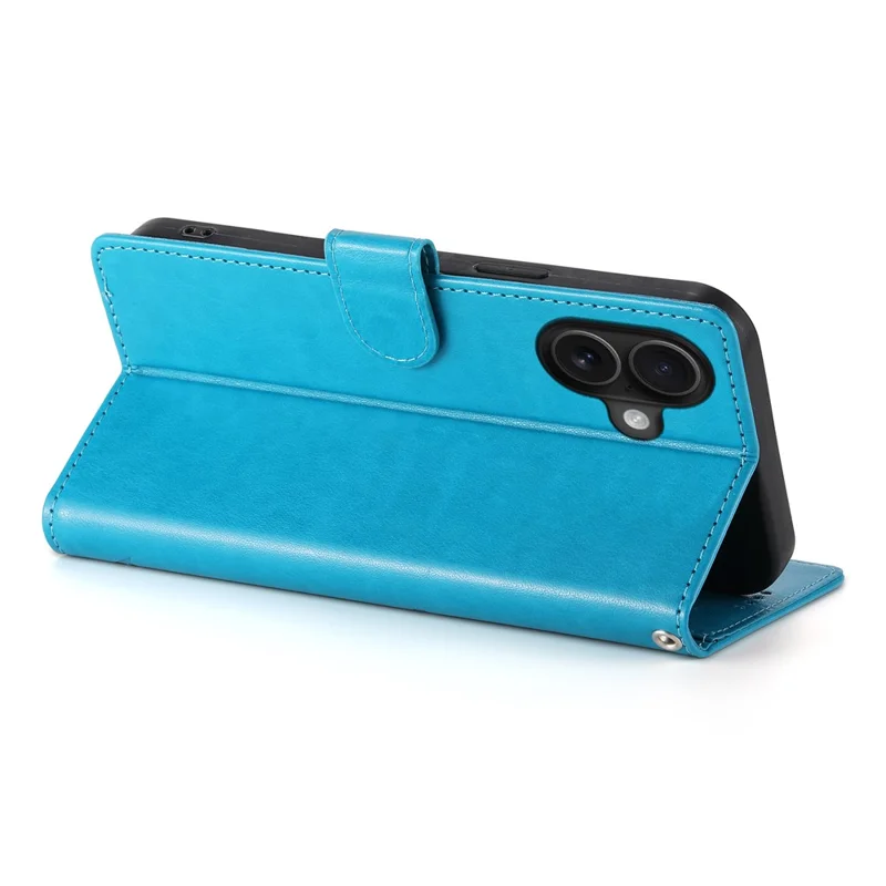 For iPhone 16 Wallet Case Butterfly Floral Imprint PU Leather Phone Cover with Wrist Strap - Blue