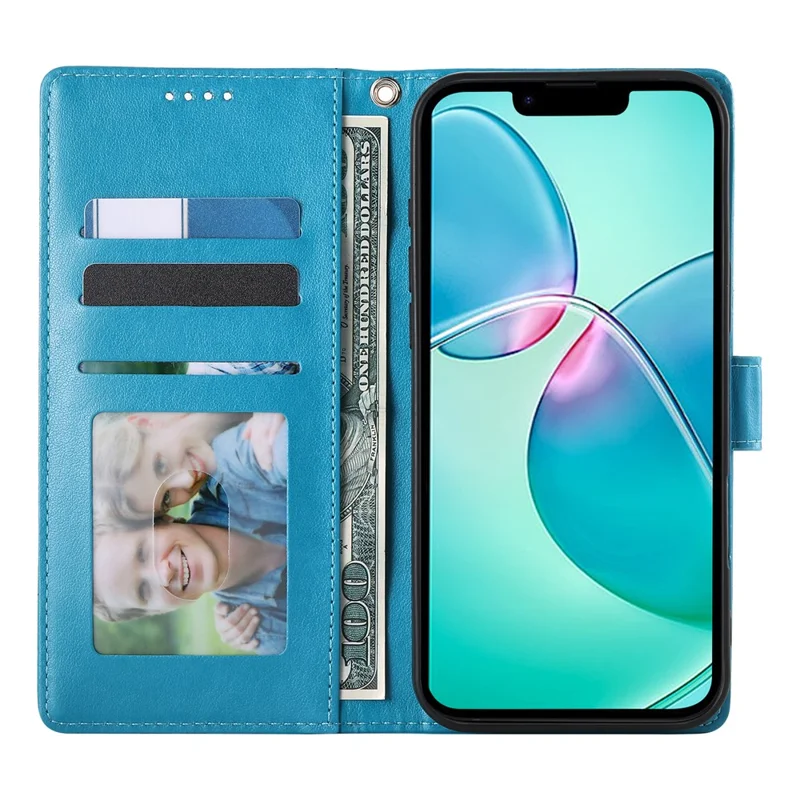 For iPhone 16 Wallet Case Butterfly Floral Imprint PU Leather Phone Cover with Wrist Strap - Blue