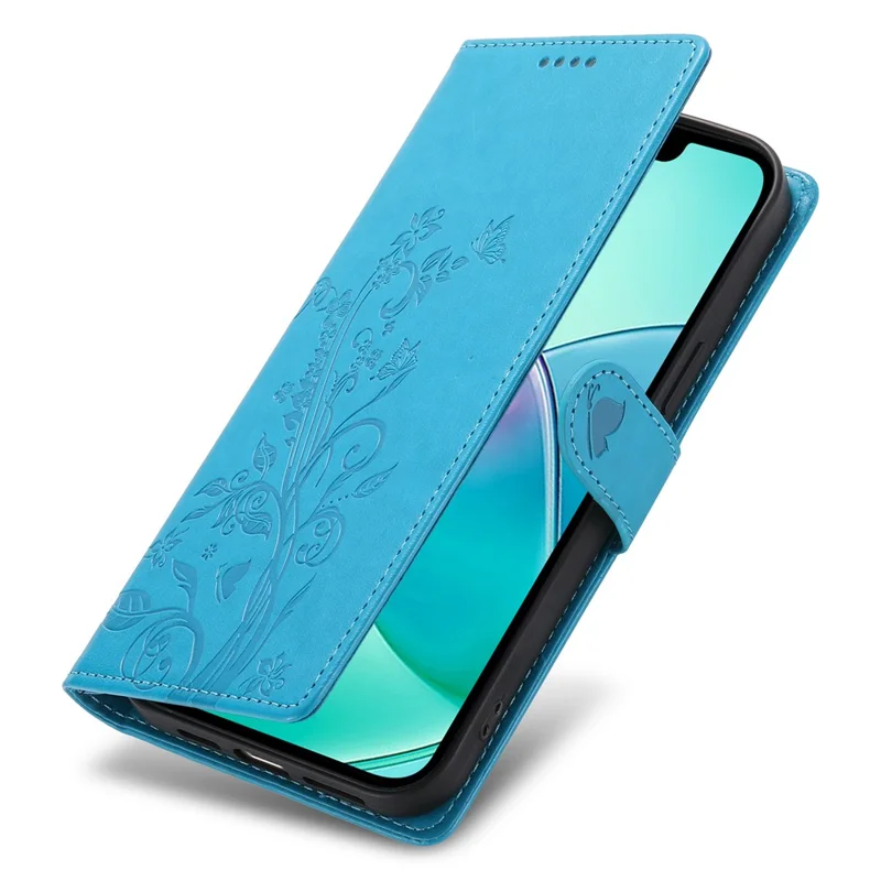 For iPhone 16 Wallet Case Butterfly Floral Imprint PU Leather Phone Cover with Wrist Strap - Blue