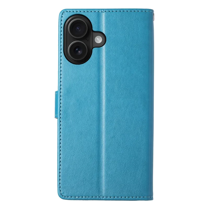 For iPhone 16 Wallet Case Butterfly Floral Imprint PU Leather Phone Cover with Wrist Strap - Blue