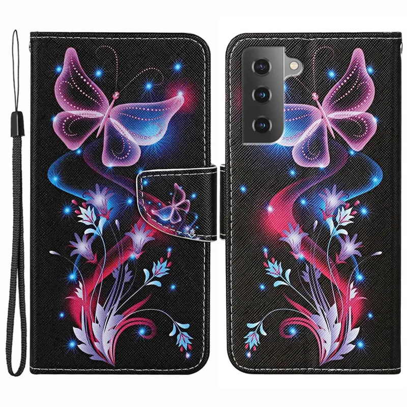 Pattern Printing Phone Case for Samsung Galaxy S23, Cross Texture Anti-scratch PU Leather Wallet Stand Inner TPU Cover - Fluorescent Butterflies