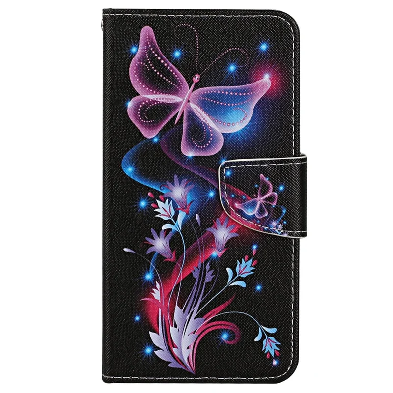 Pattern Printing Phone Case for Samsung Galaxy S23, Cross Texture Anti-scratch PU Leather Wallet Stand Inner TPU Cover - Fluorescent Butterflies