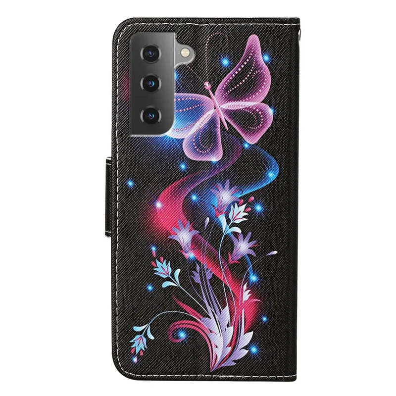 Pattern Printing Phone Case for Samsung Galaxy S23, Cross Texture Anti-scratch PU Leather Wallet Stand Inner TPU Cover - Fluorescent Butterflies