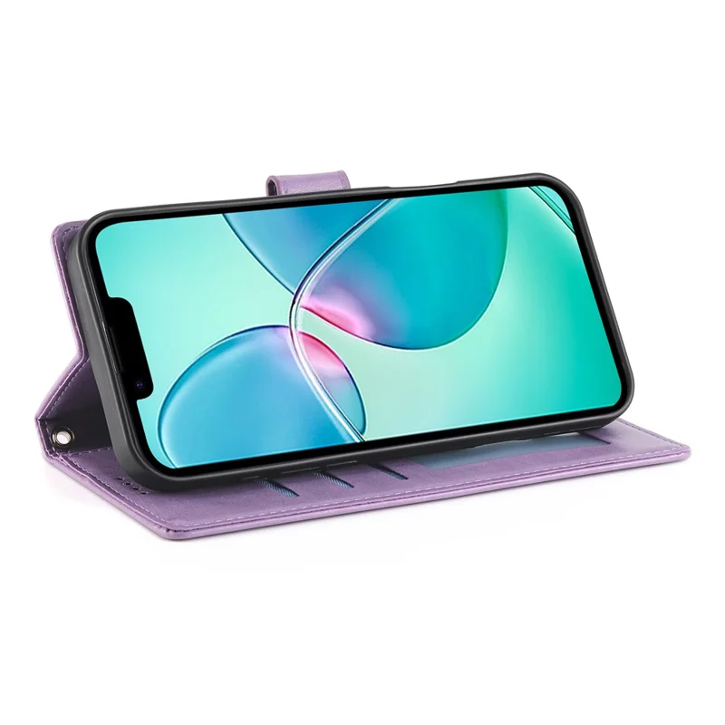Für iPhone 16 Pro Wallet Hülle Schmetterling Blumen Muster PU Leder Handyhülle mit Handschlaufe - Lila